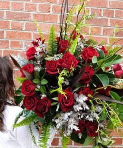 Woman Carrying Red Roses Flower Bouquet Arrangement